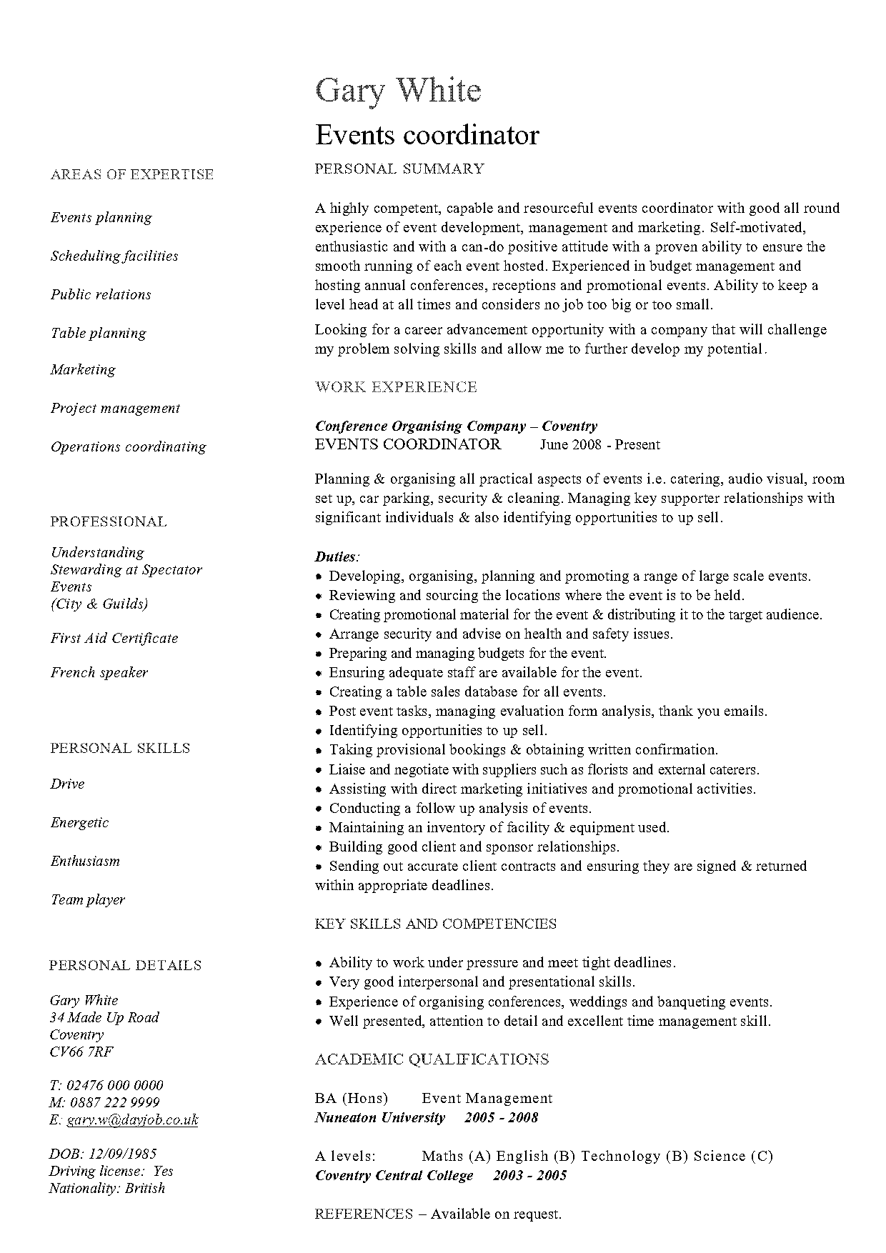 events coordinator resume skills