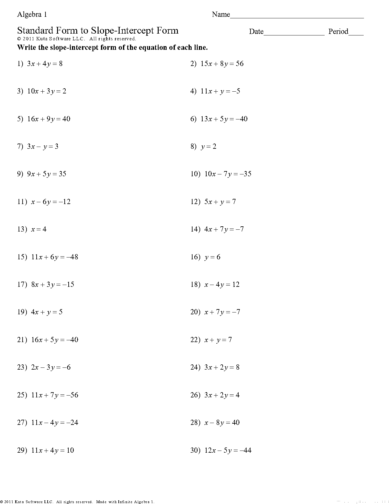 write an equation in standard form worksheet