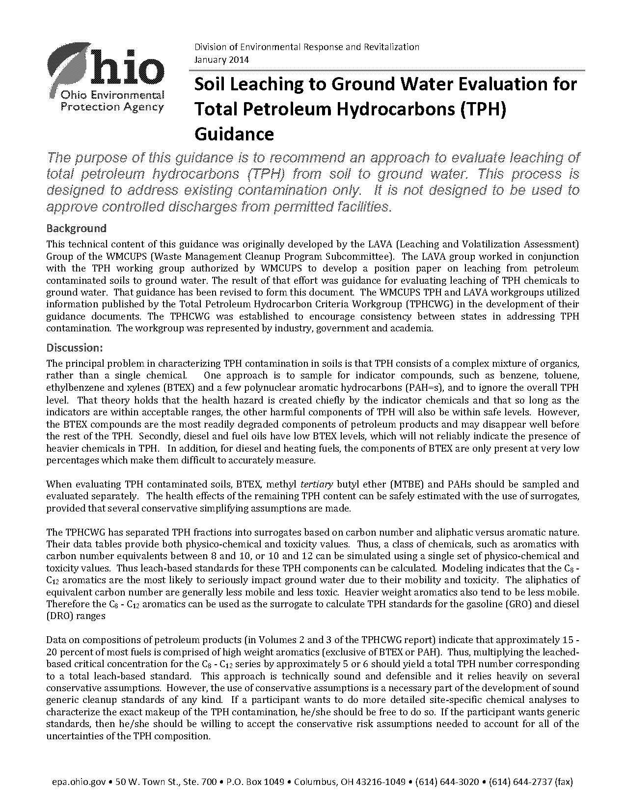 derr total petroleum hydrocarbons tph leaching guidance