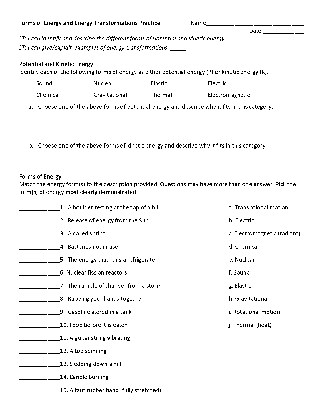 energy transformation worksheet pdf