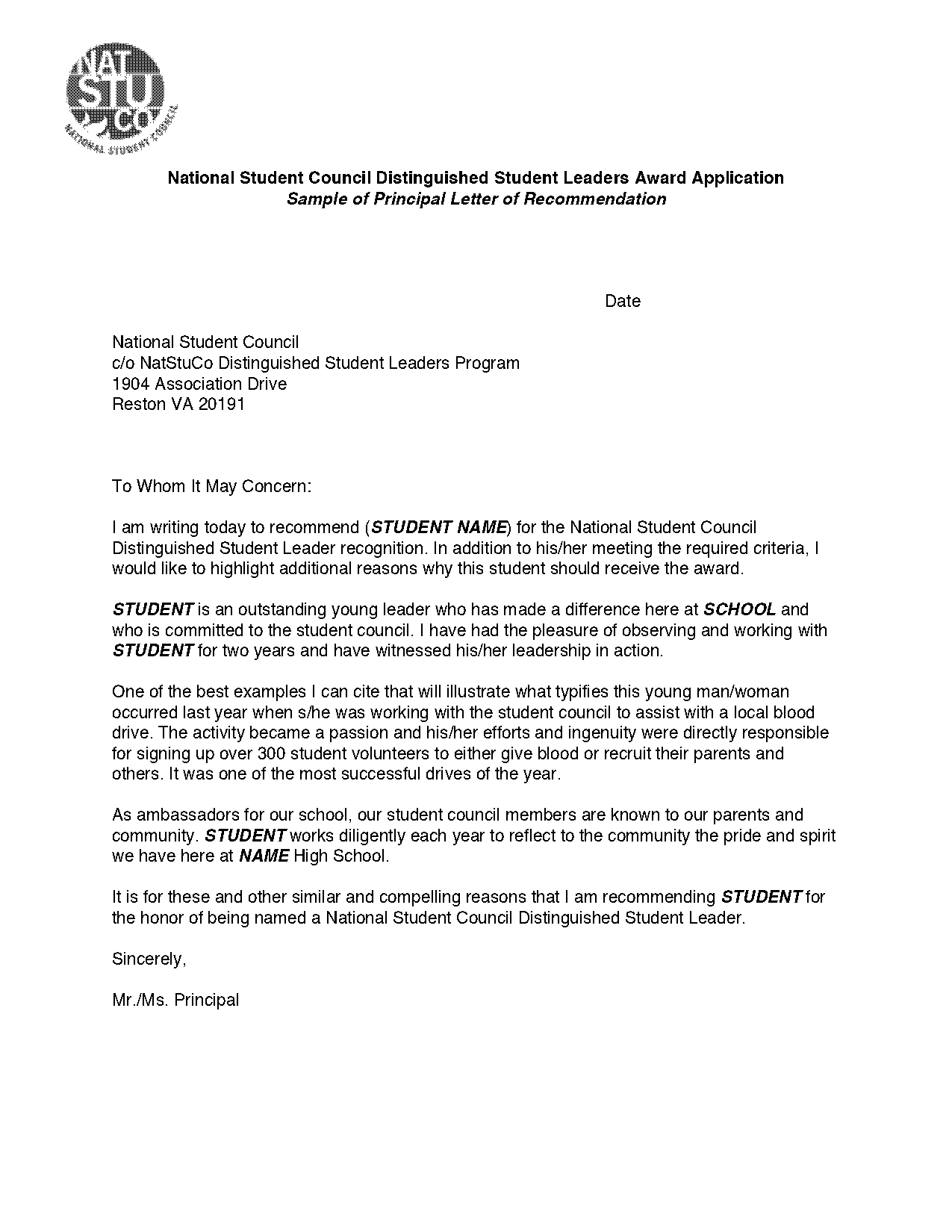 letter of recommendation sample for student council