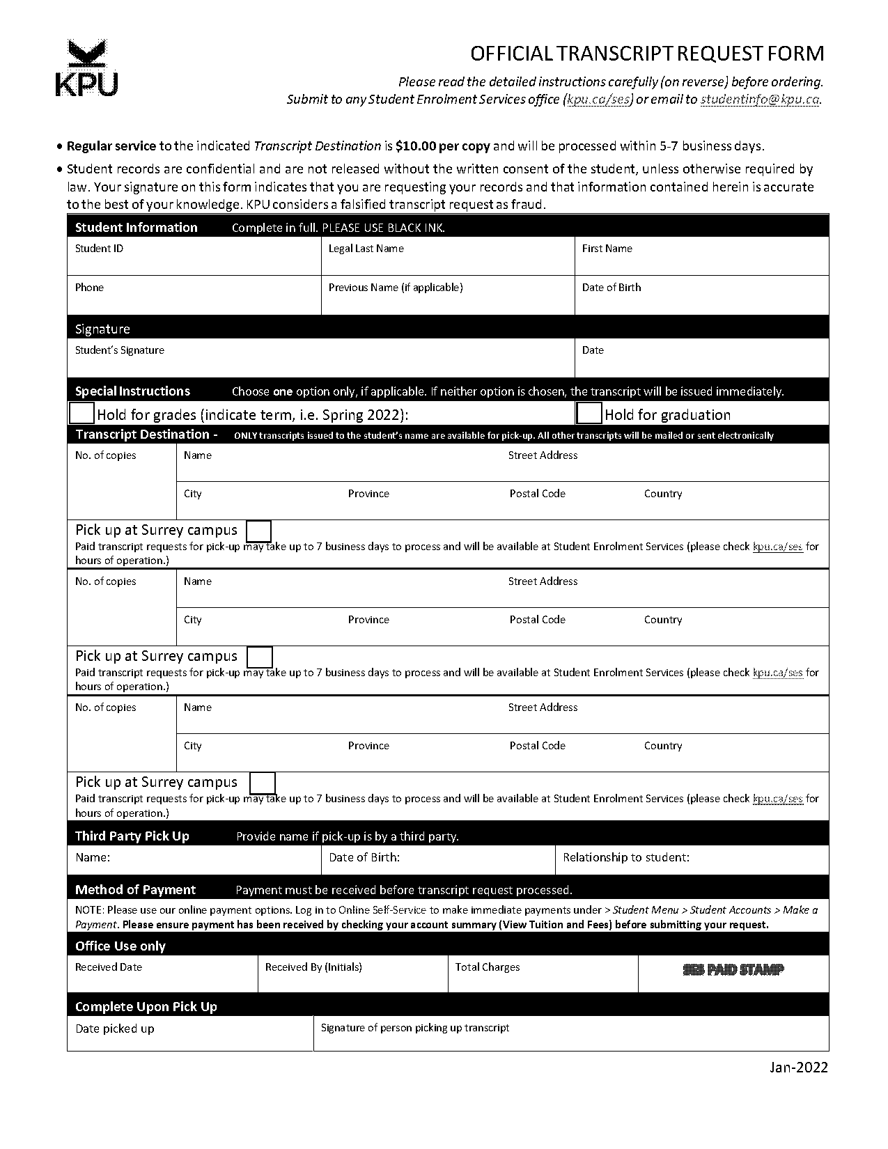 carleton official transcript cost