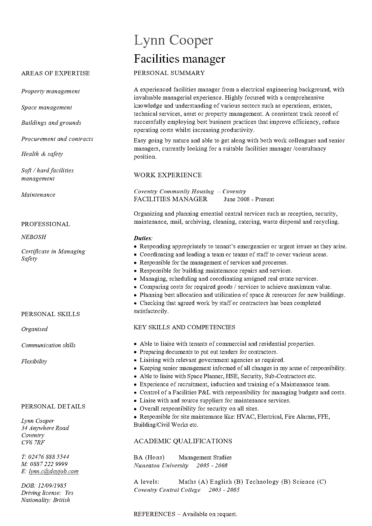 facility manager resume summary