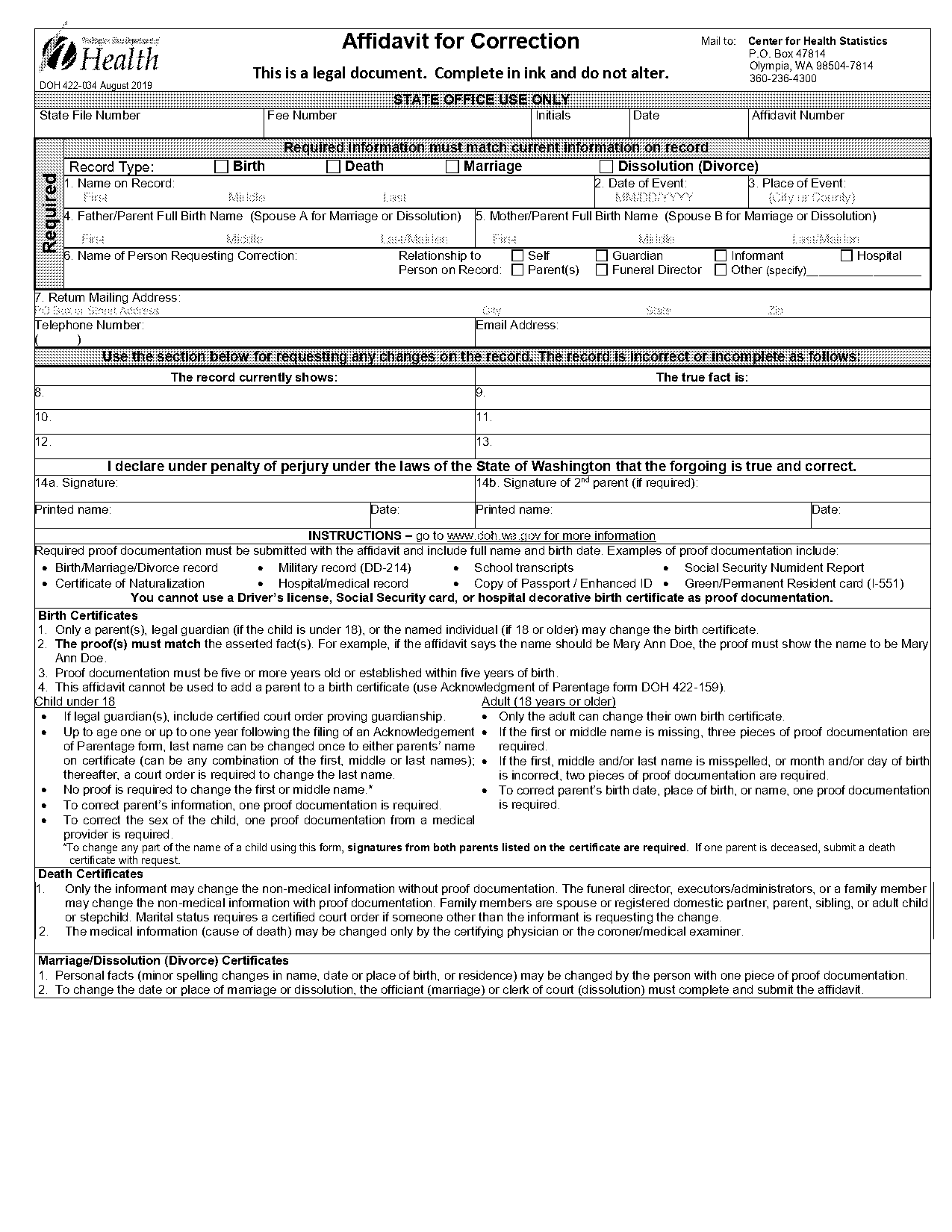 wa state health district death certificate affidavit of corrections form