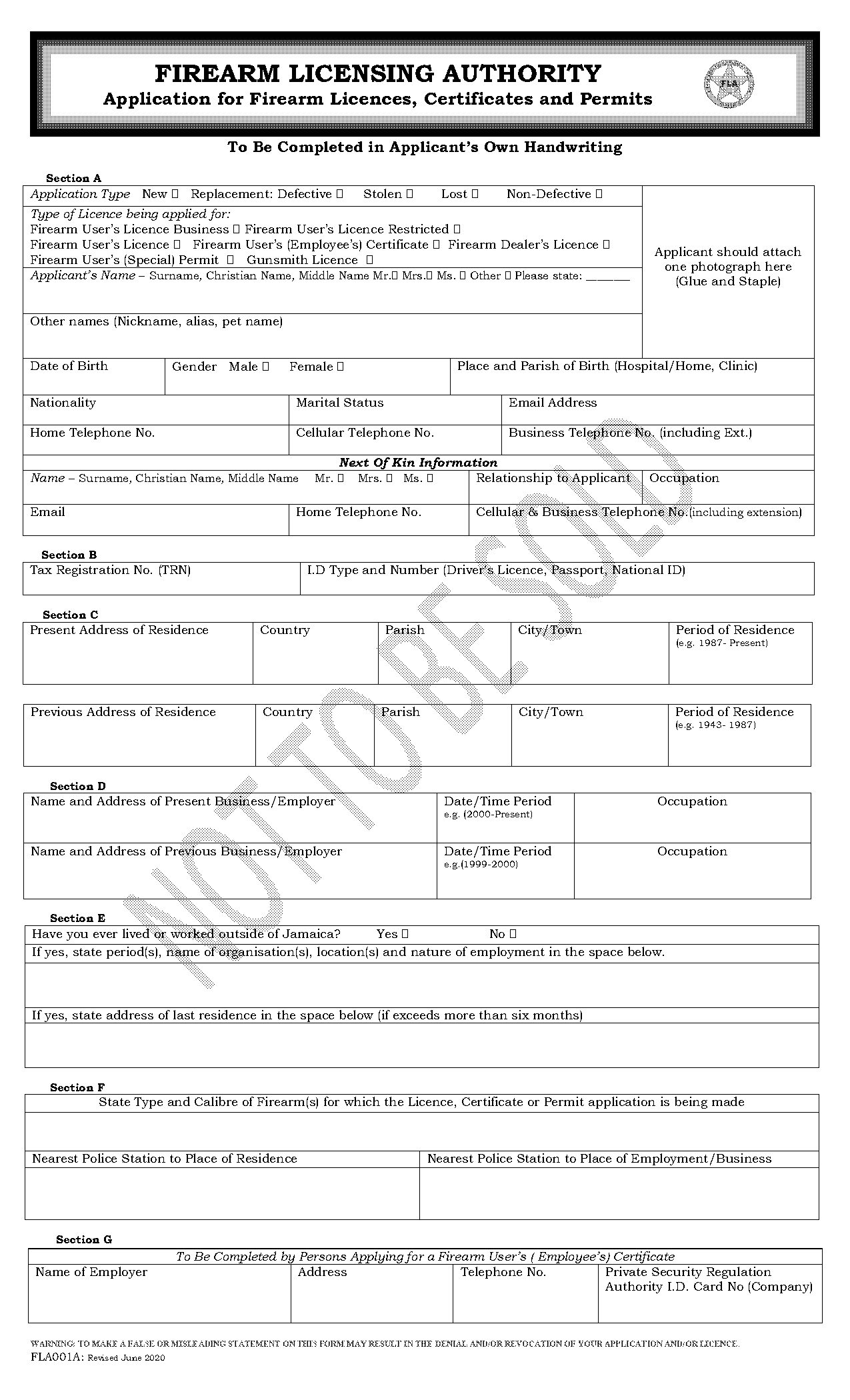 firearm licensing authority application form