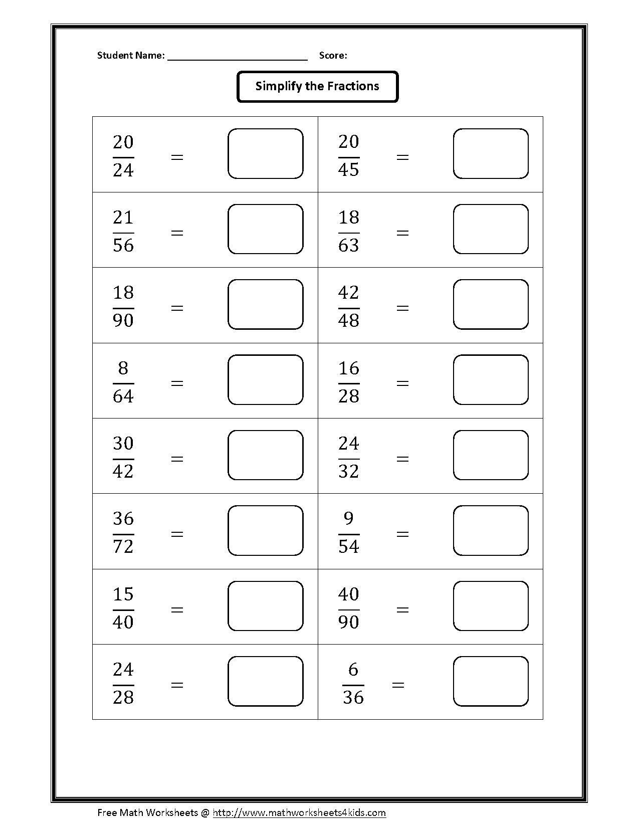 free reducing fractions worksheets