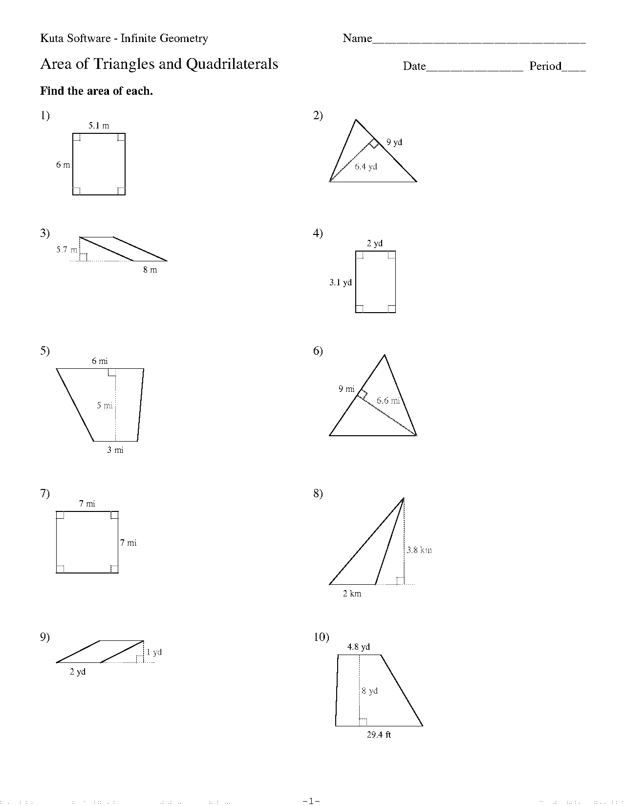 area of triangles trapezoids and rectangles worksheet