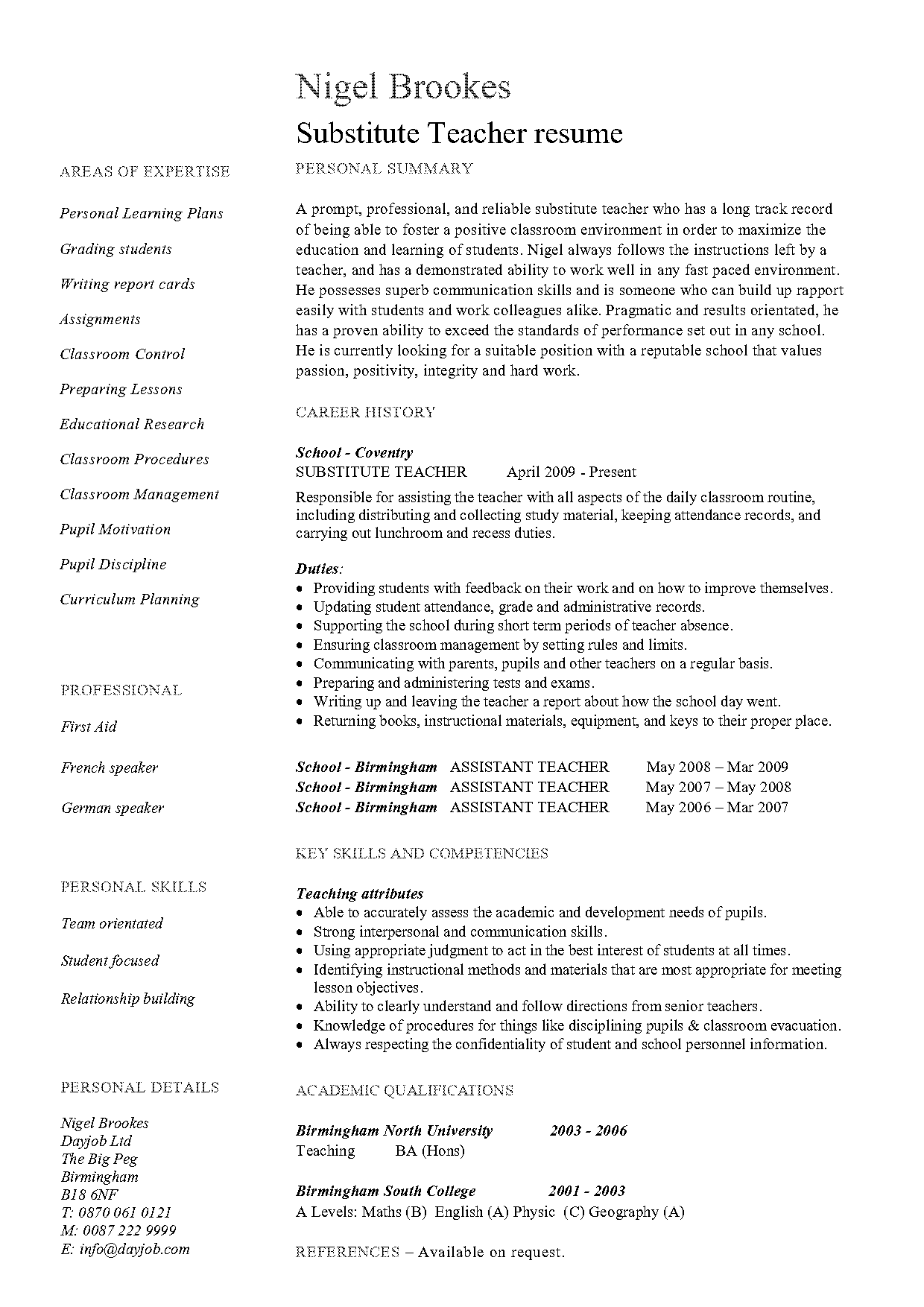 substitute teacher resume examples