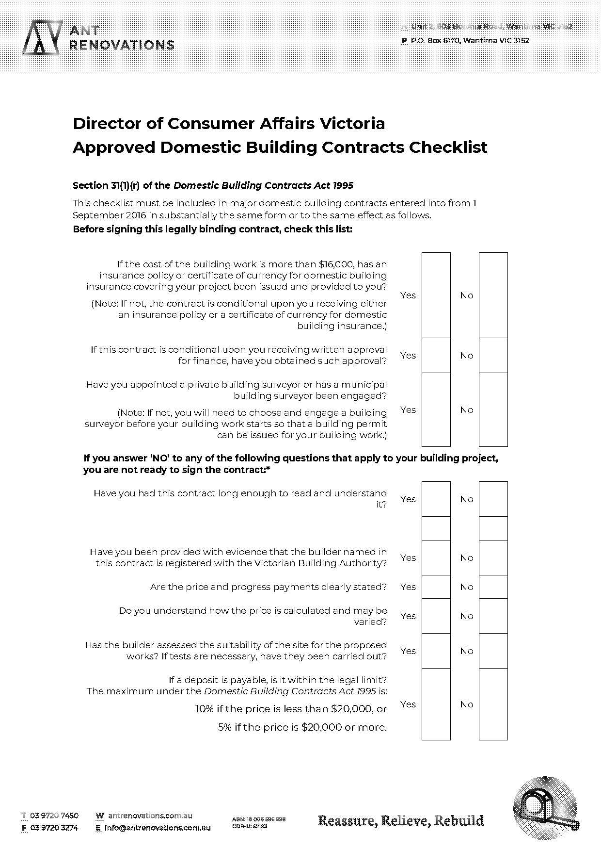 domestic building contract template victoria