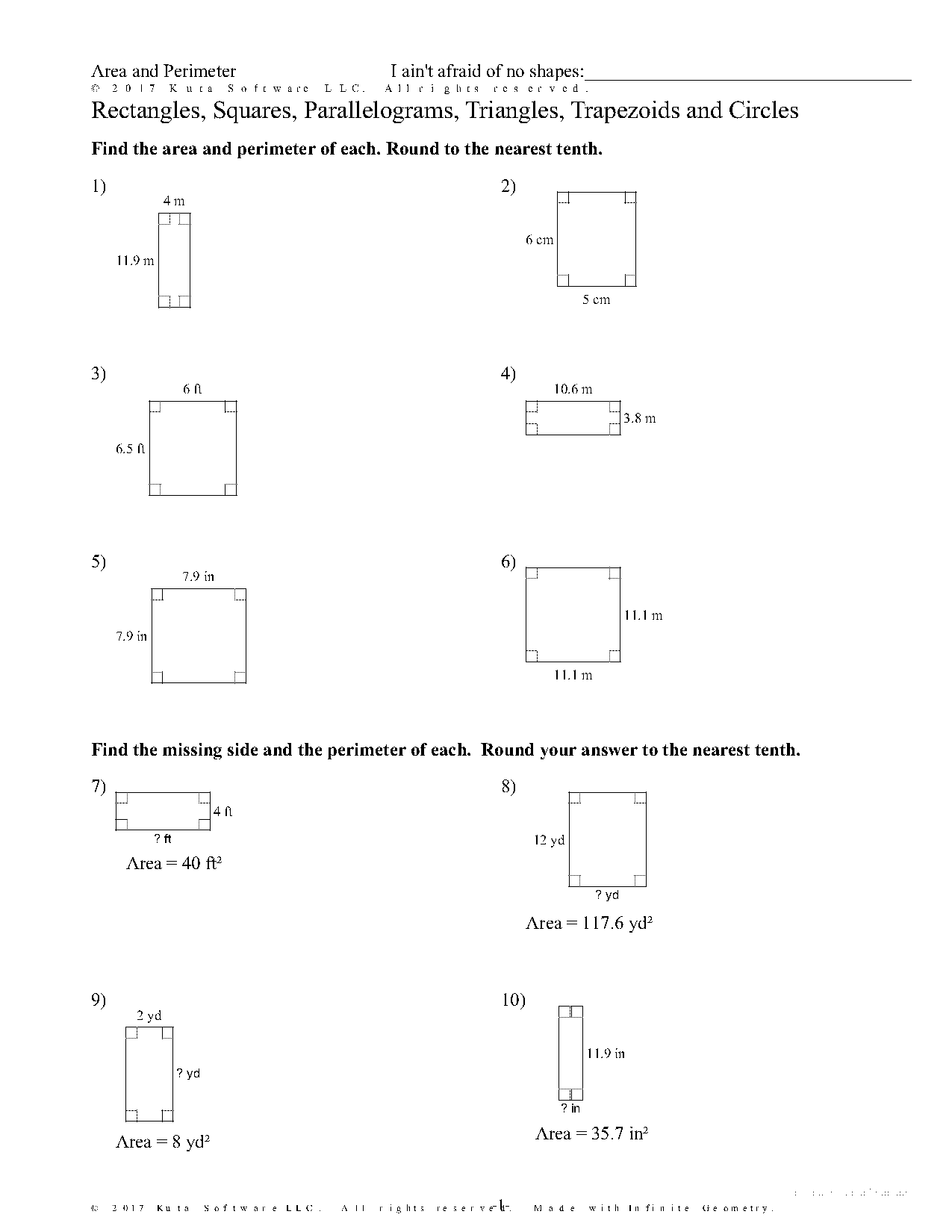 area of triangles trapezoids and rectangles worksheet