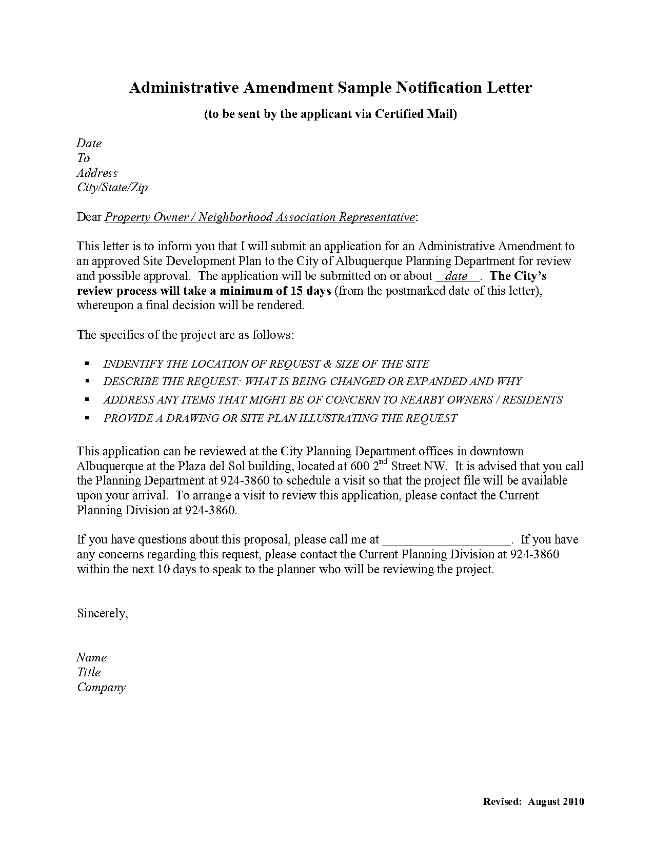 amendment request letter sample