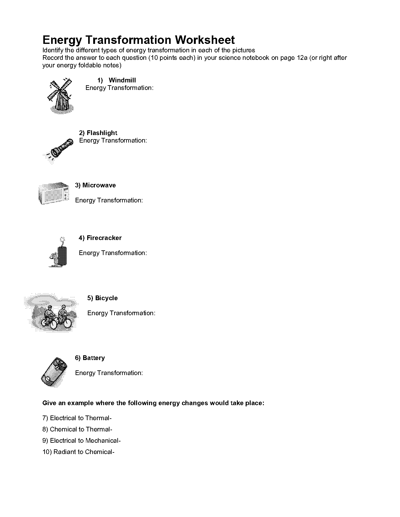 energy transformation worksheet pdf