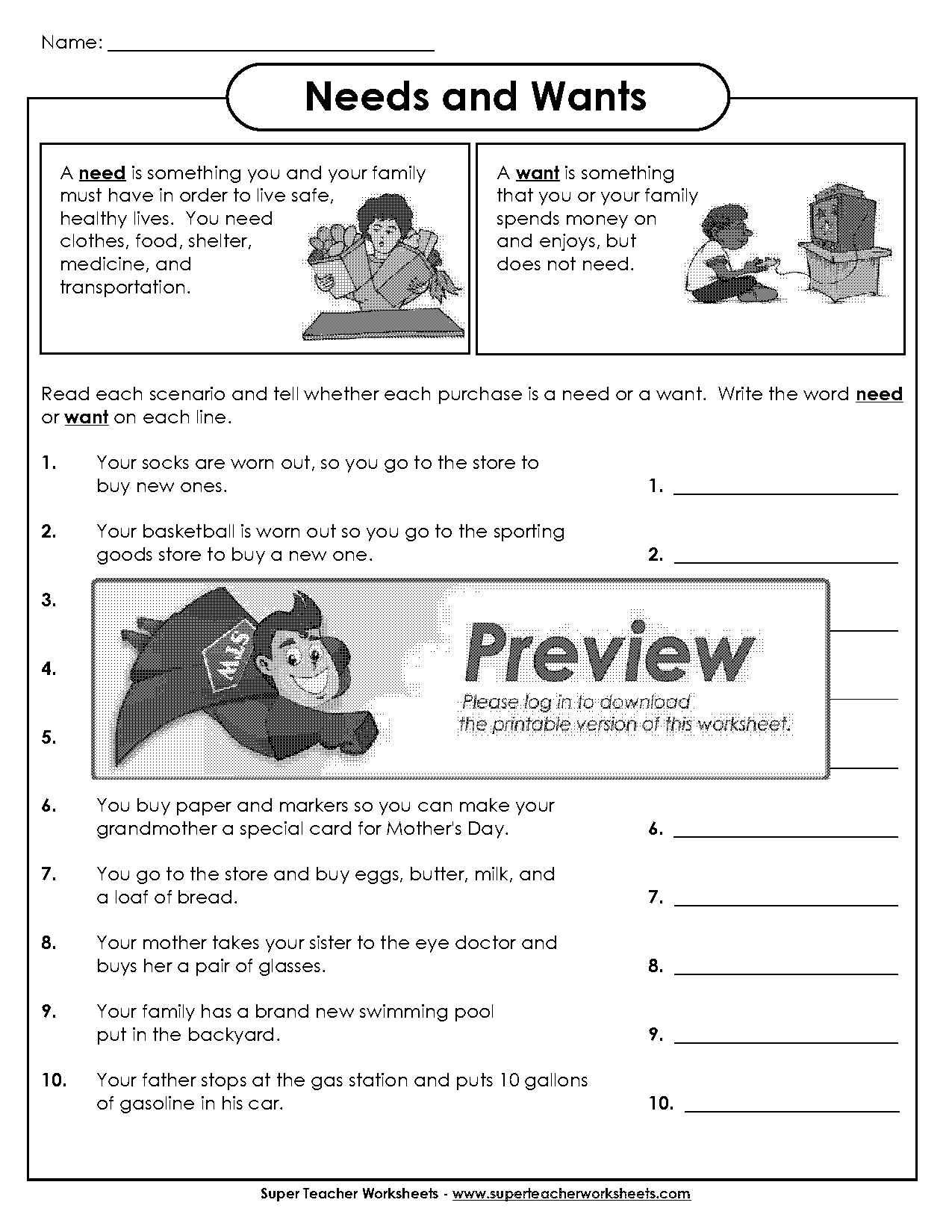 free printable needs and wants worksheet