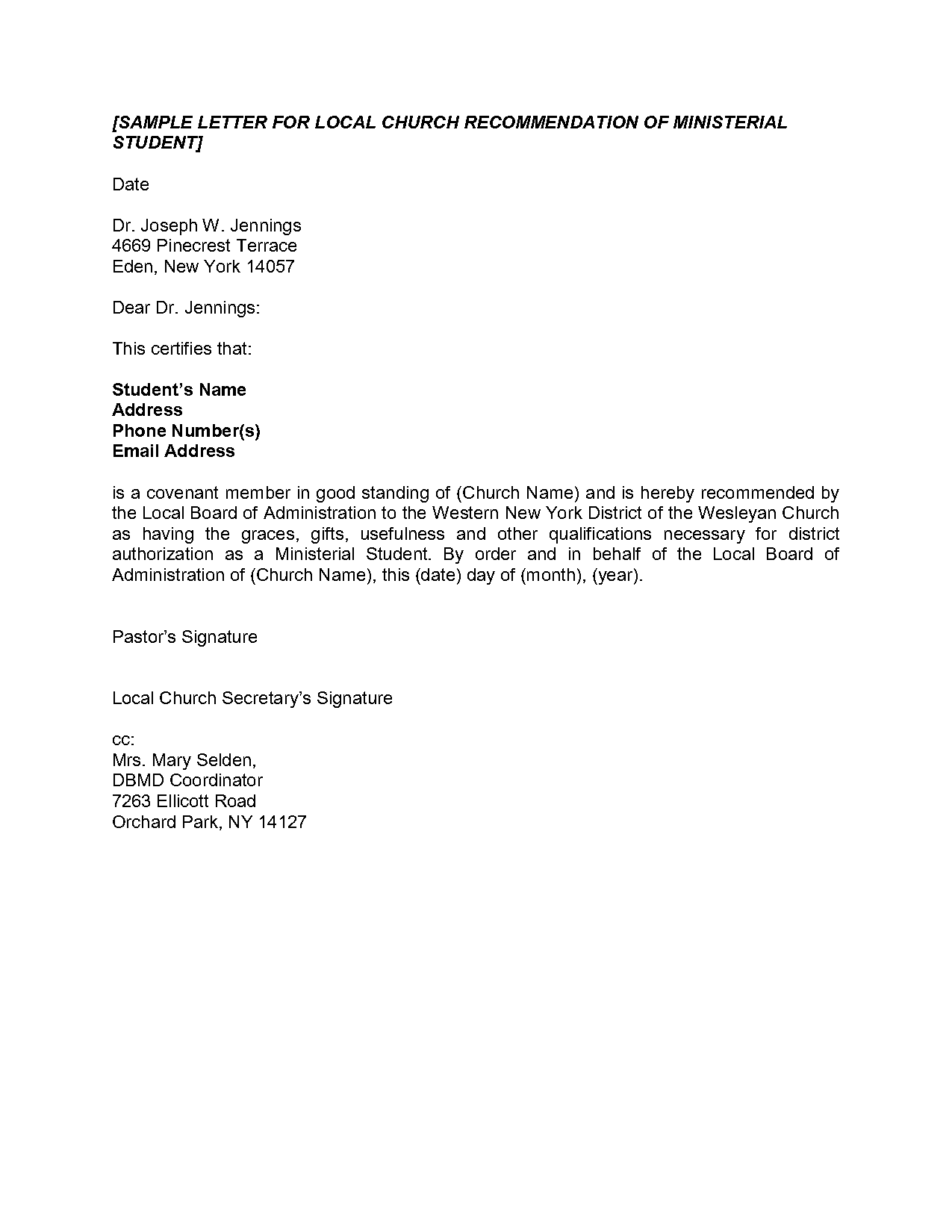 church recommendation letter format