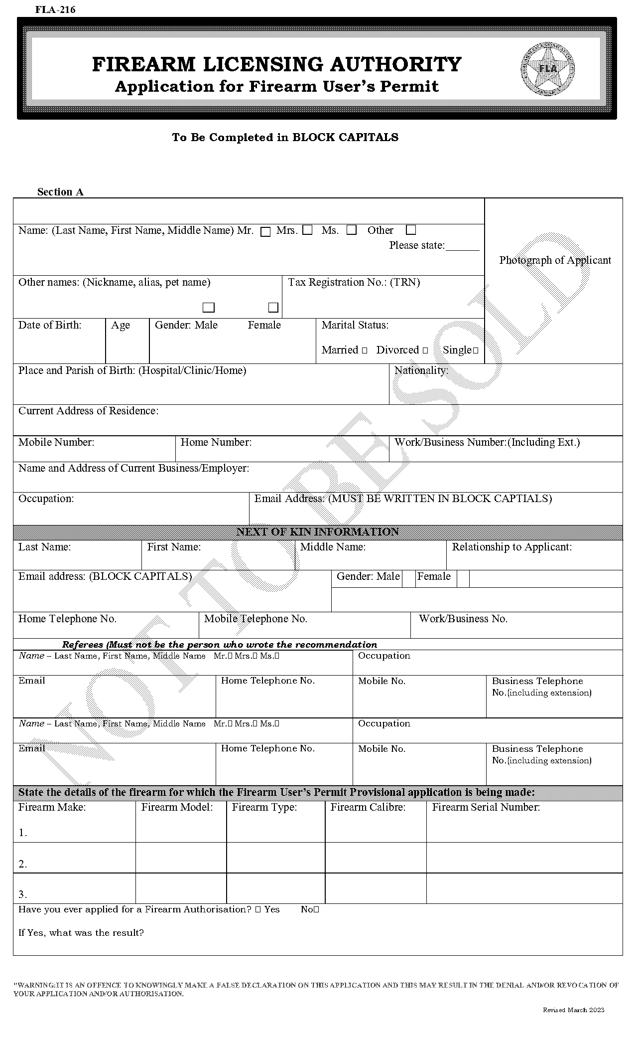 firearm licensing authority application form