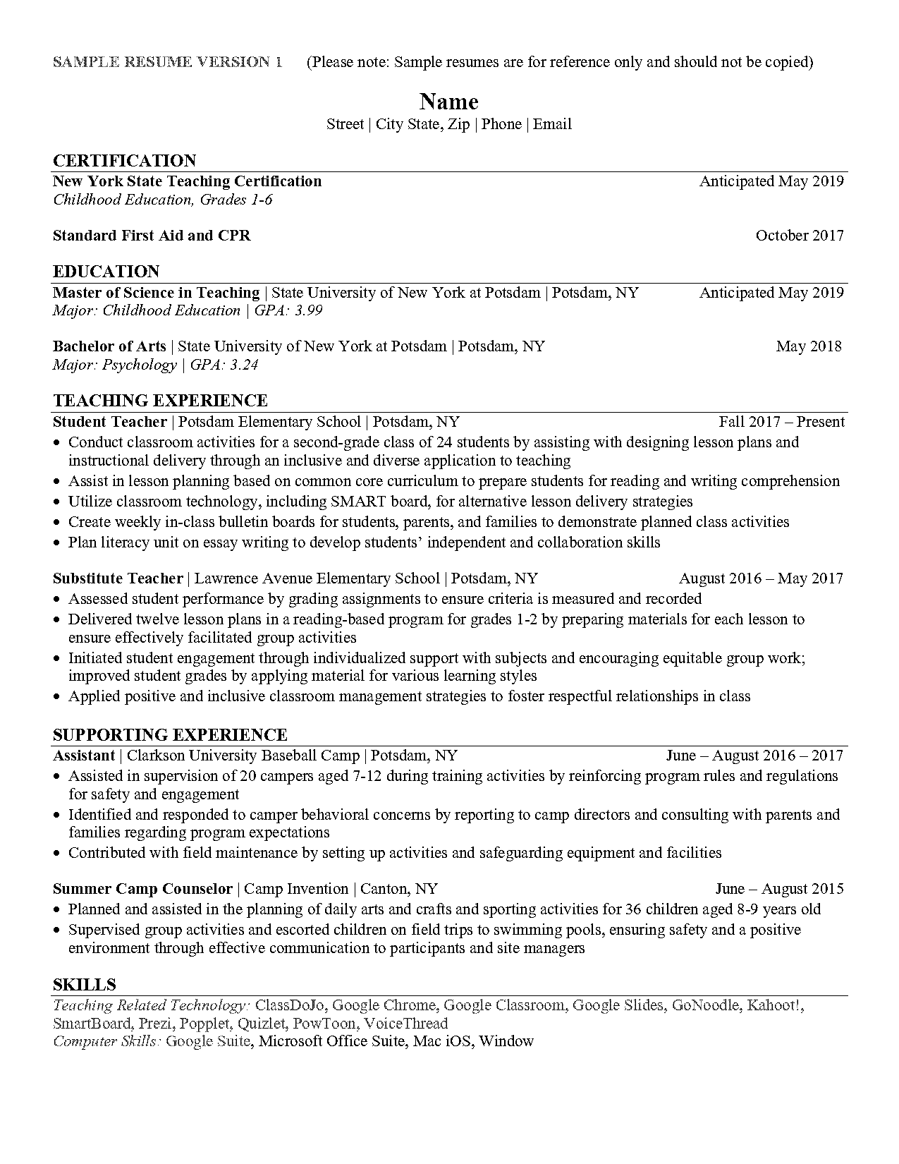 substitute teacher resume examples