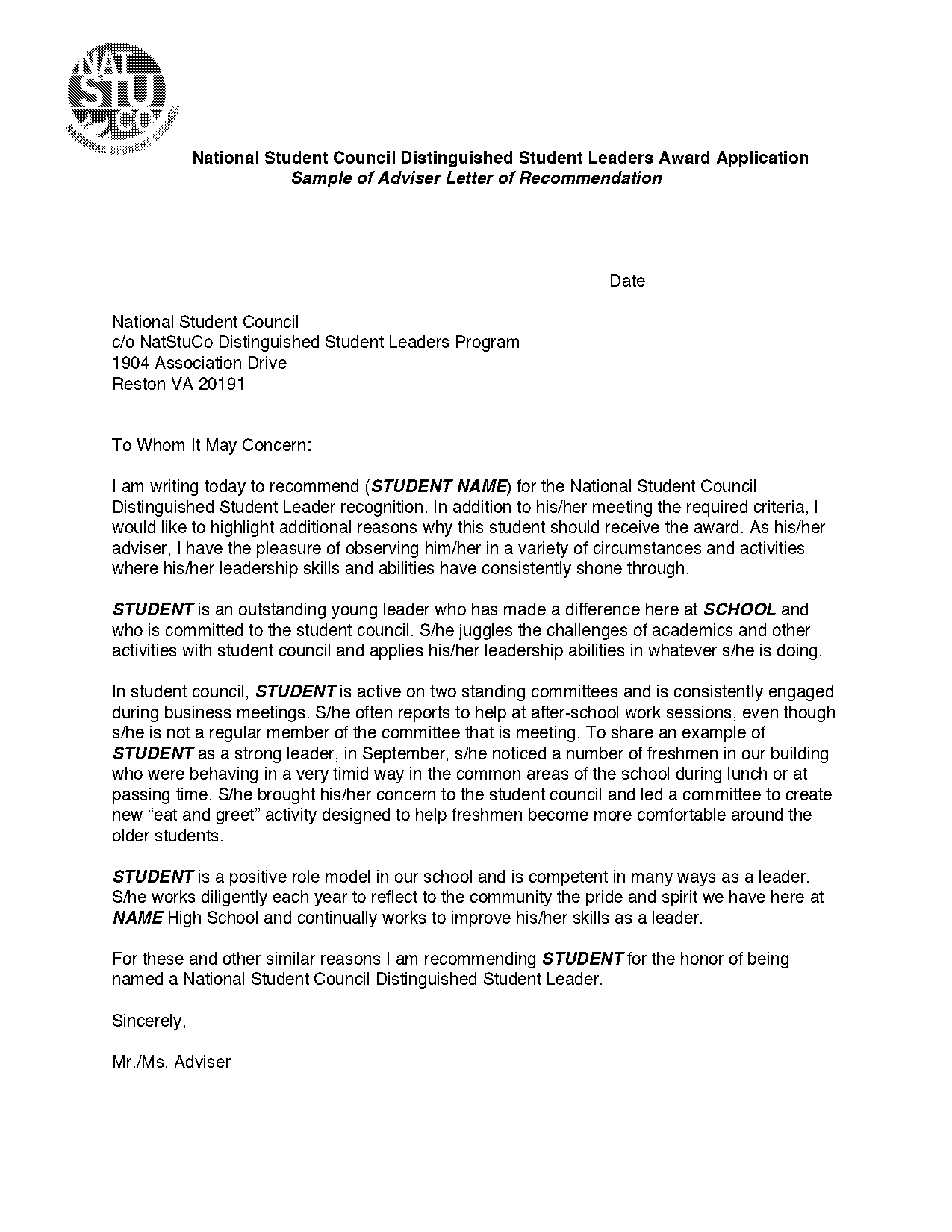 letter of recommendation sample for student council