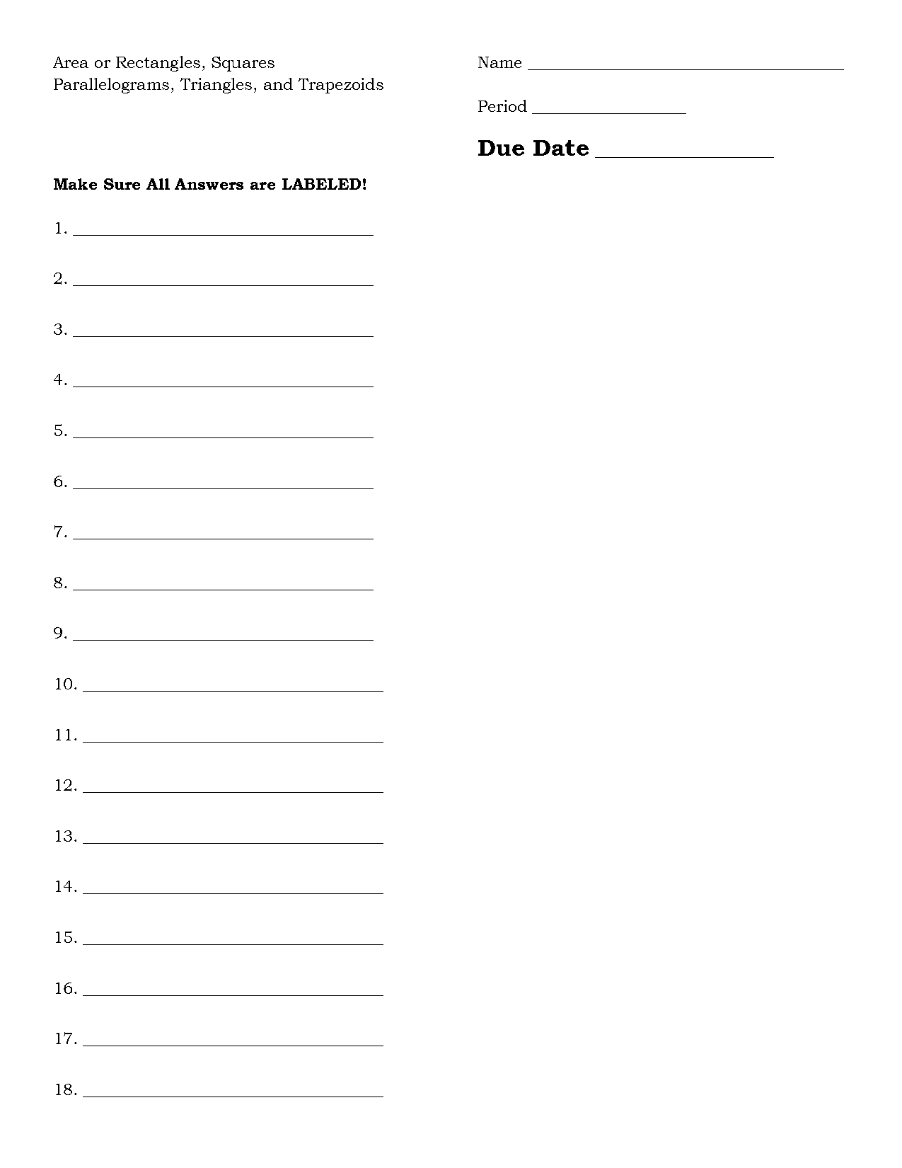 area of triangles trapezoids and rectangles worksheet