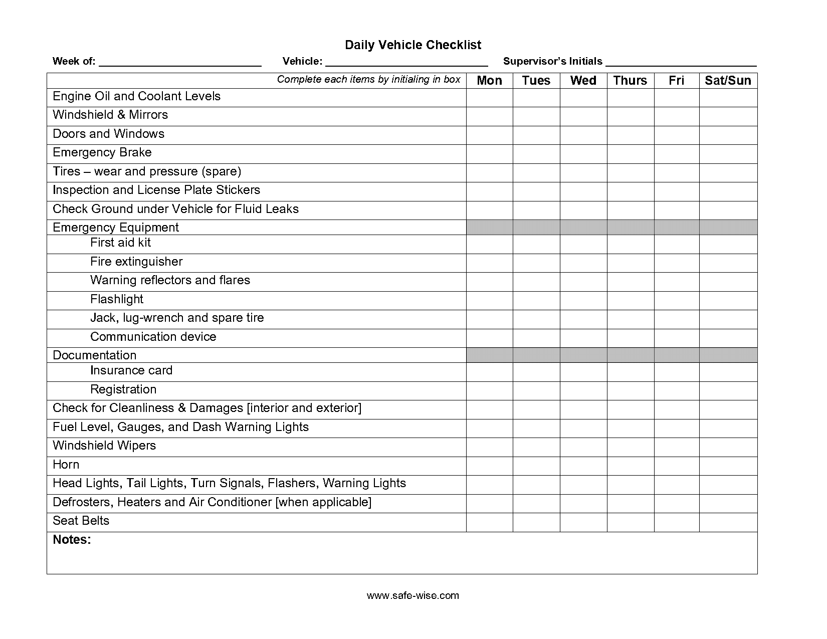 templates for vehicle checklist