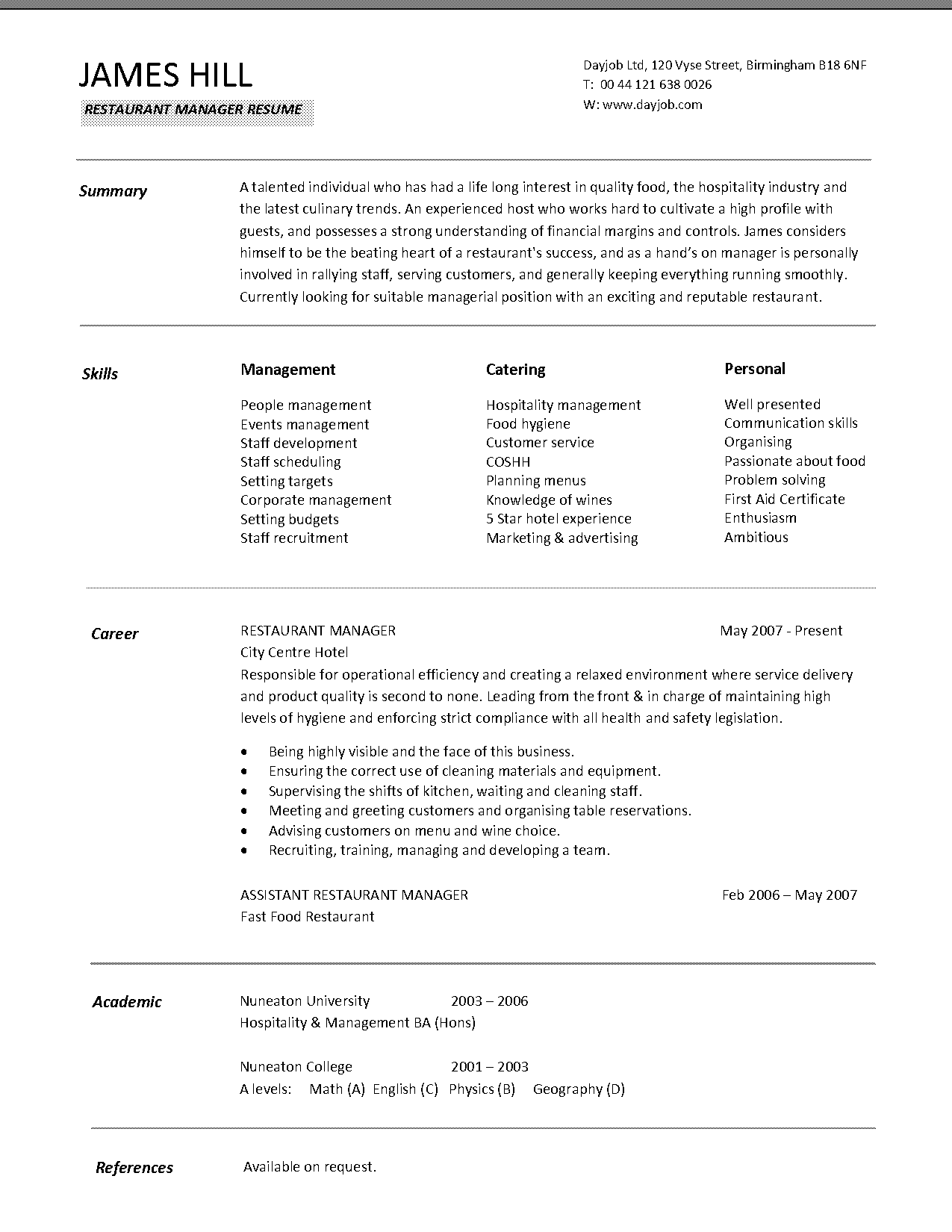 food industry manager resume sample