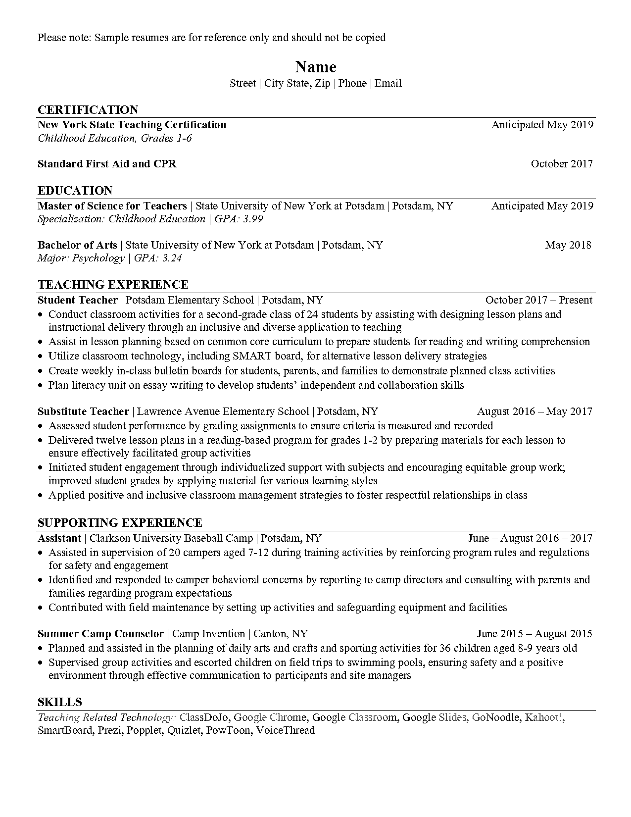 substitute teacher resume examples