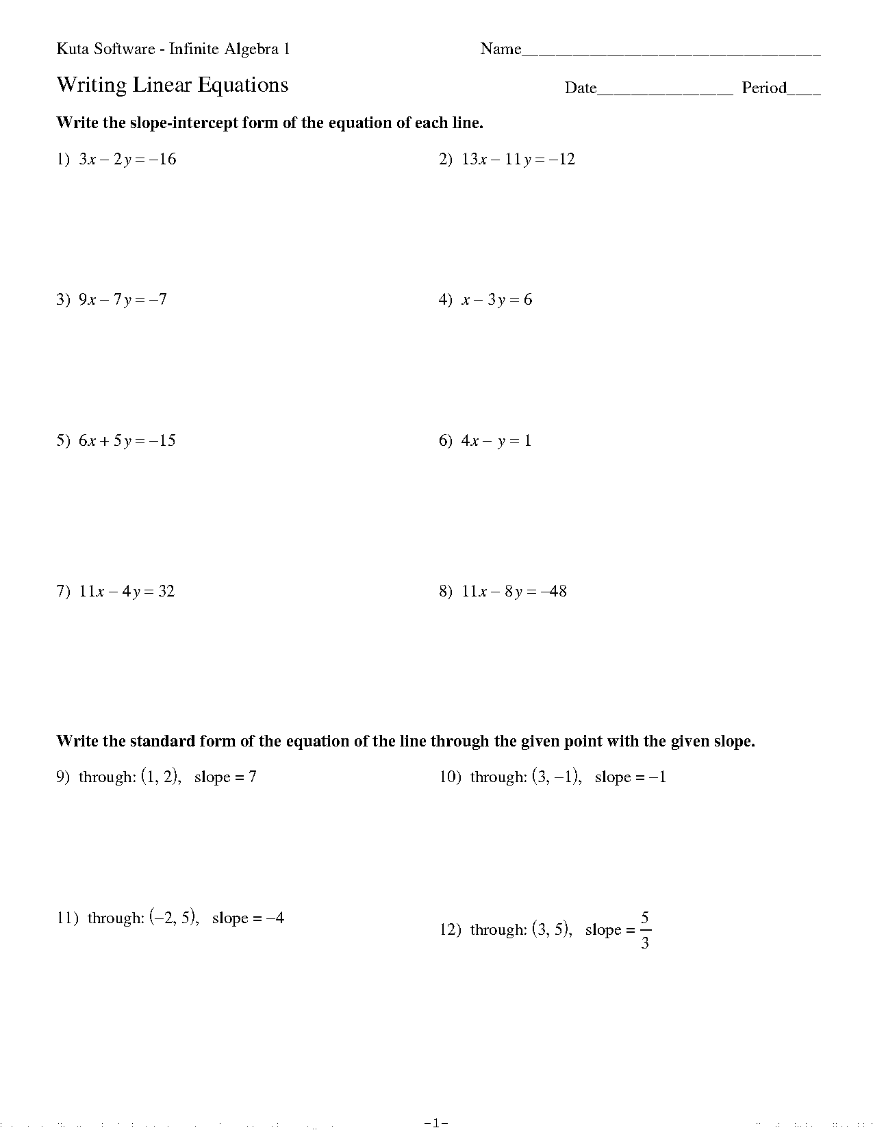 write an equation in standard form worksheet