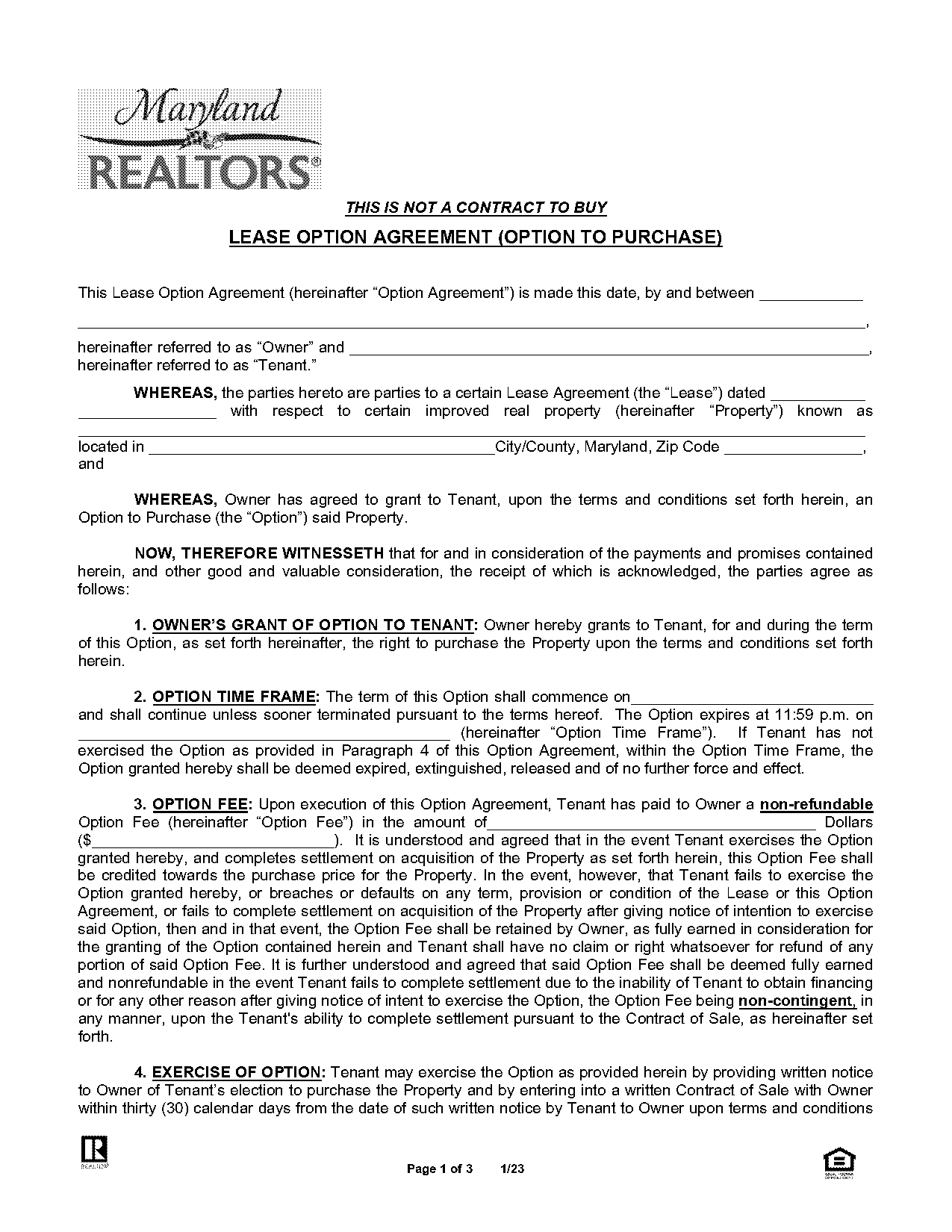 residential lease agreement with option fee